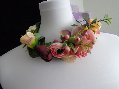 Üppiger Blütenkranz fürs Haar rosa,bord., hellgelb