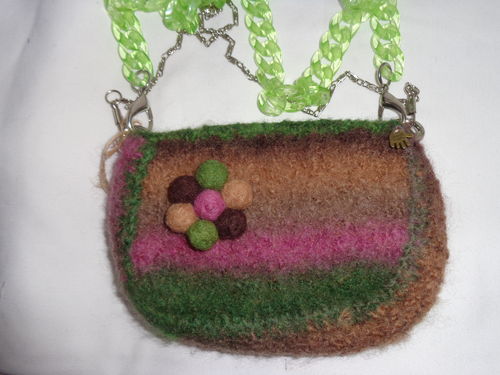 tiny felted purse with feltballs - green/pink/brown